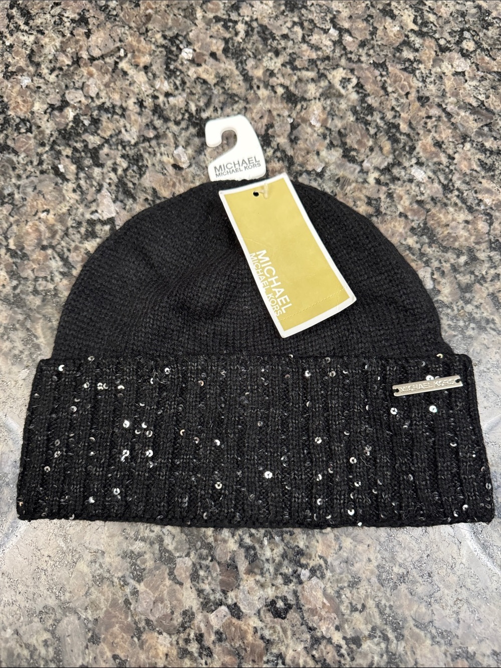 Michael Kors Black Sequin Cuff Knit Hat NWT